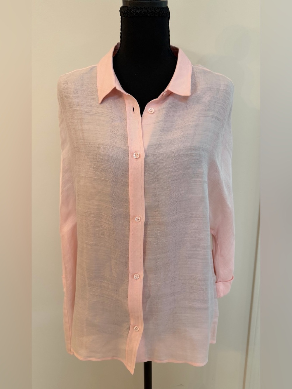 Piazza Sempione Pale Pink Sheer Linen Blend Button-Down Long Sleeve Blouse L
